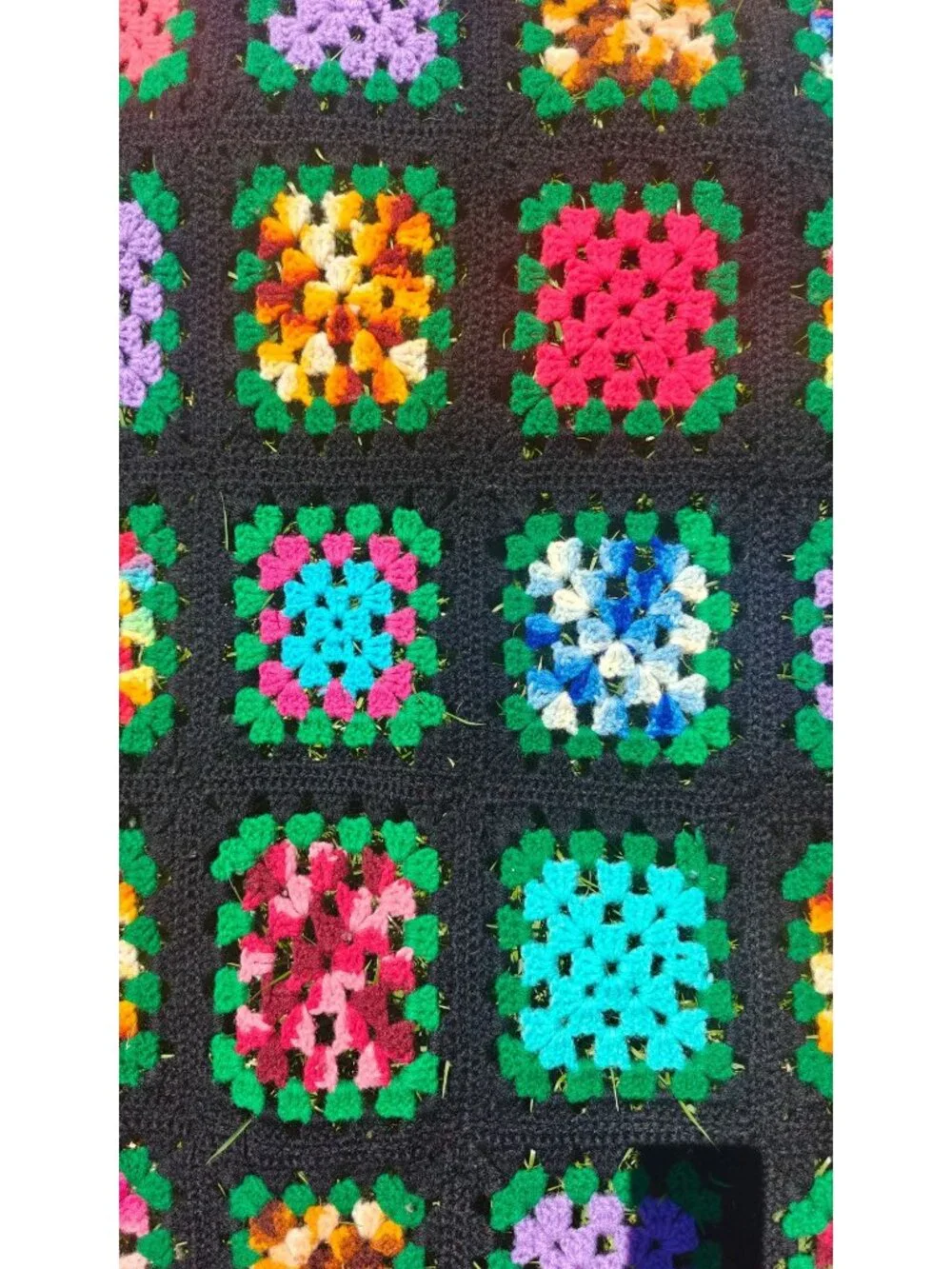 Handmade Vintage Crochet Afghan Blanket Multicolor Granny Square Black Large